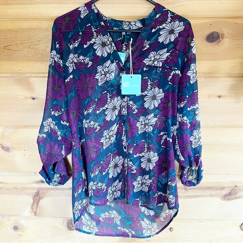 NWT Kut from the Kloth Sinclair button front blouse purple medium floral sheer